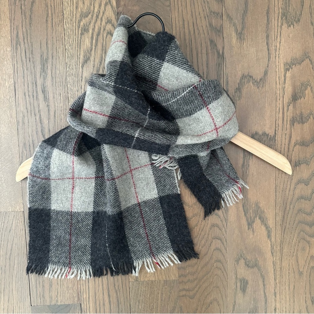 Vintage Halston Plaid Lambswool Oblong Scarf in Grey and Red 47"l